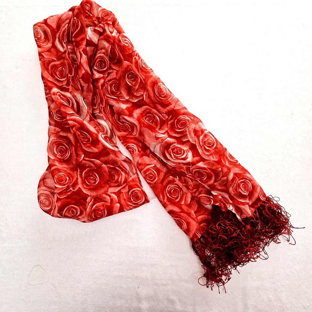 Echo Red Rose Floral Print 100% Silk Scarf with Fringe Trim Sheer Wrap Scarf